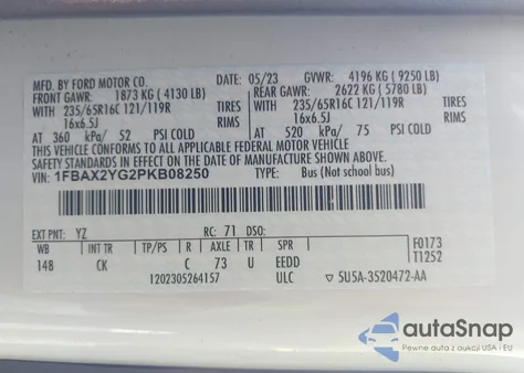 2023 Ford Transit-350 Passenger Van Xlt z USA, uszkodzony, nr VIN 1FBAX2YG2PKB08250